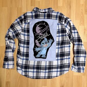 Lilo & Stitch Upcycled Flannel (XL) Embroidered Logo • Blue Plaid Shirt